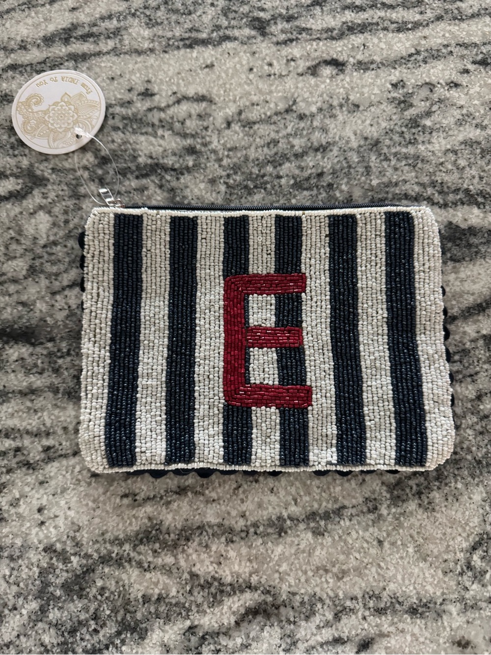 Beaded Navy & White Stripe Pouch with Red Initial